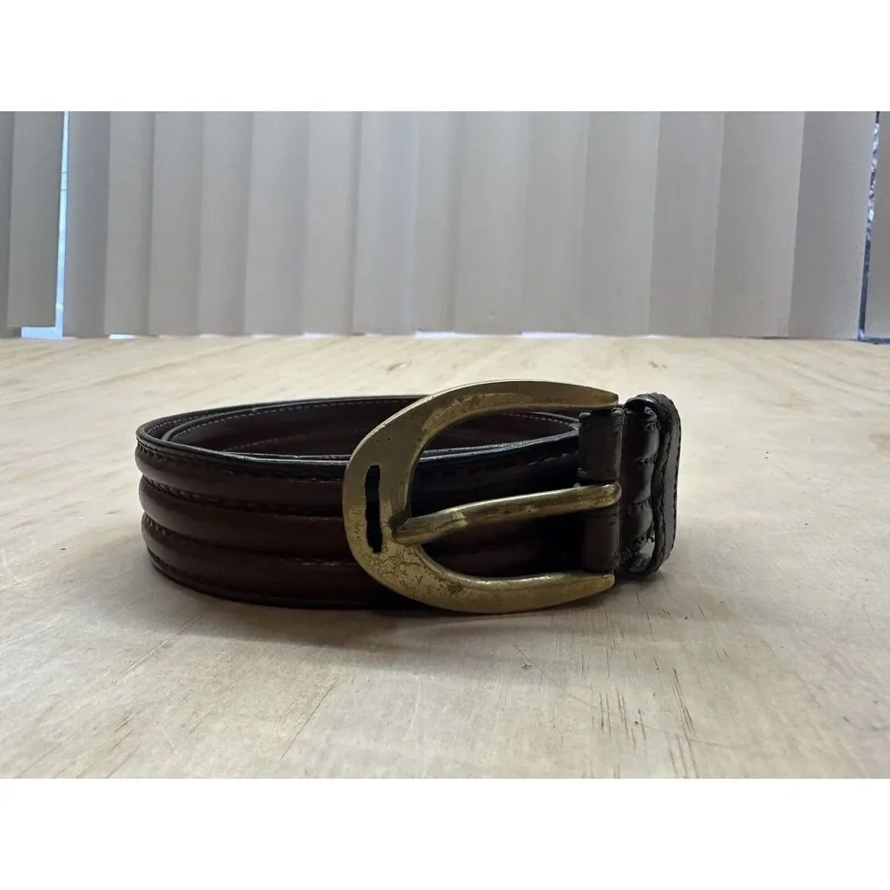 Brown Leather Belt Stamped “Italy” On Brass Buckle Medium M‎ 34”